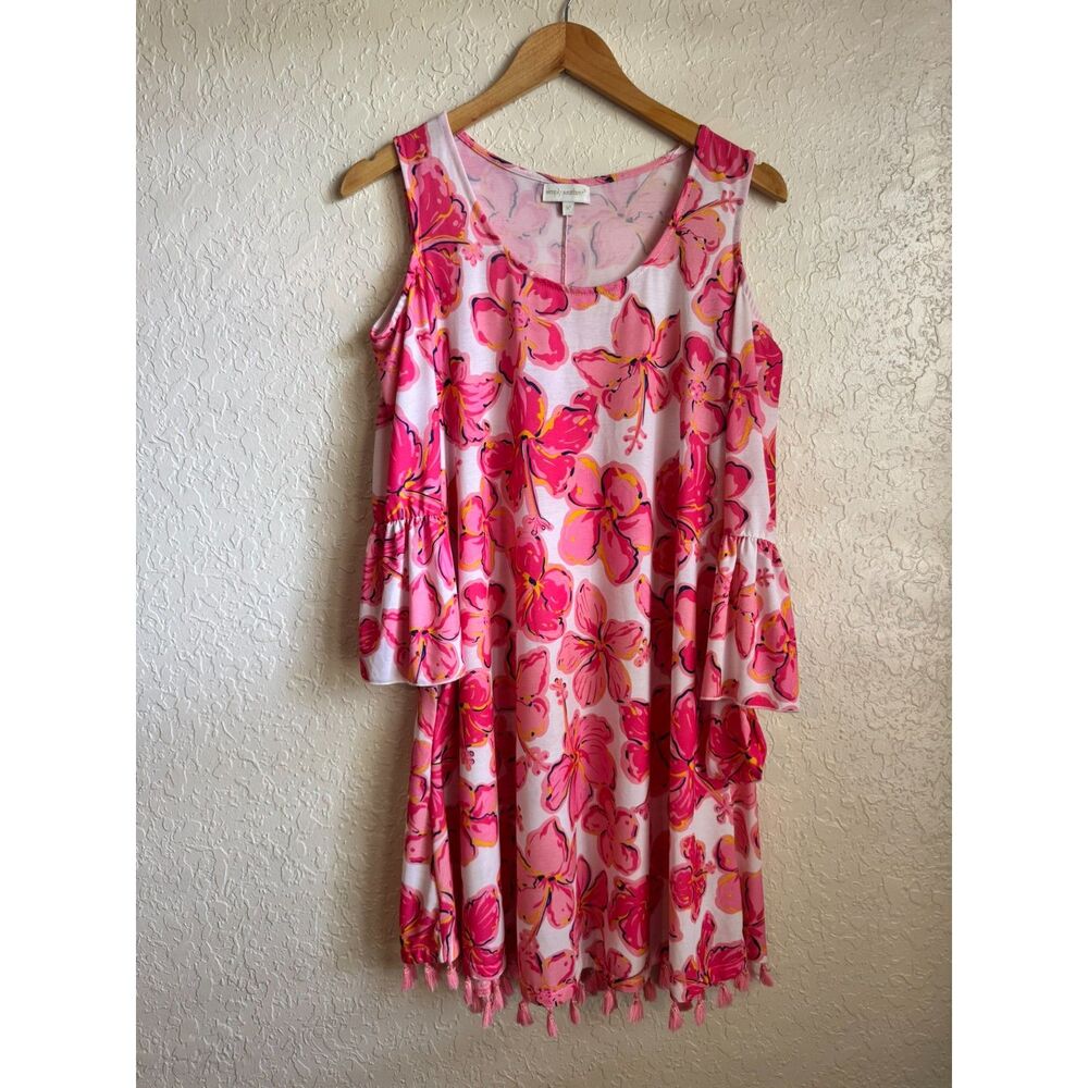 Simply Southern Cold Shoulder Dress Pink Hibiscus Print Tassel Hem M Pockets